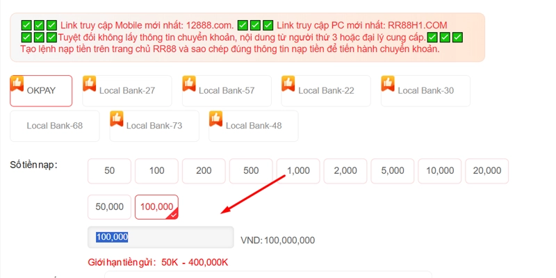 Nạp Tiền RR88 - Hướng Dẫn Thao Tác Với 5 Hình Thức Hiện Có 13 Nhập số tiền muốn nạp